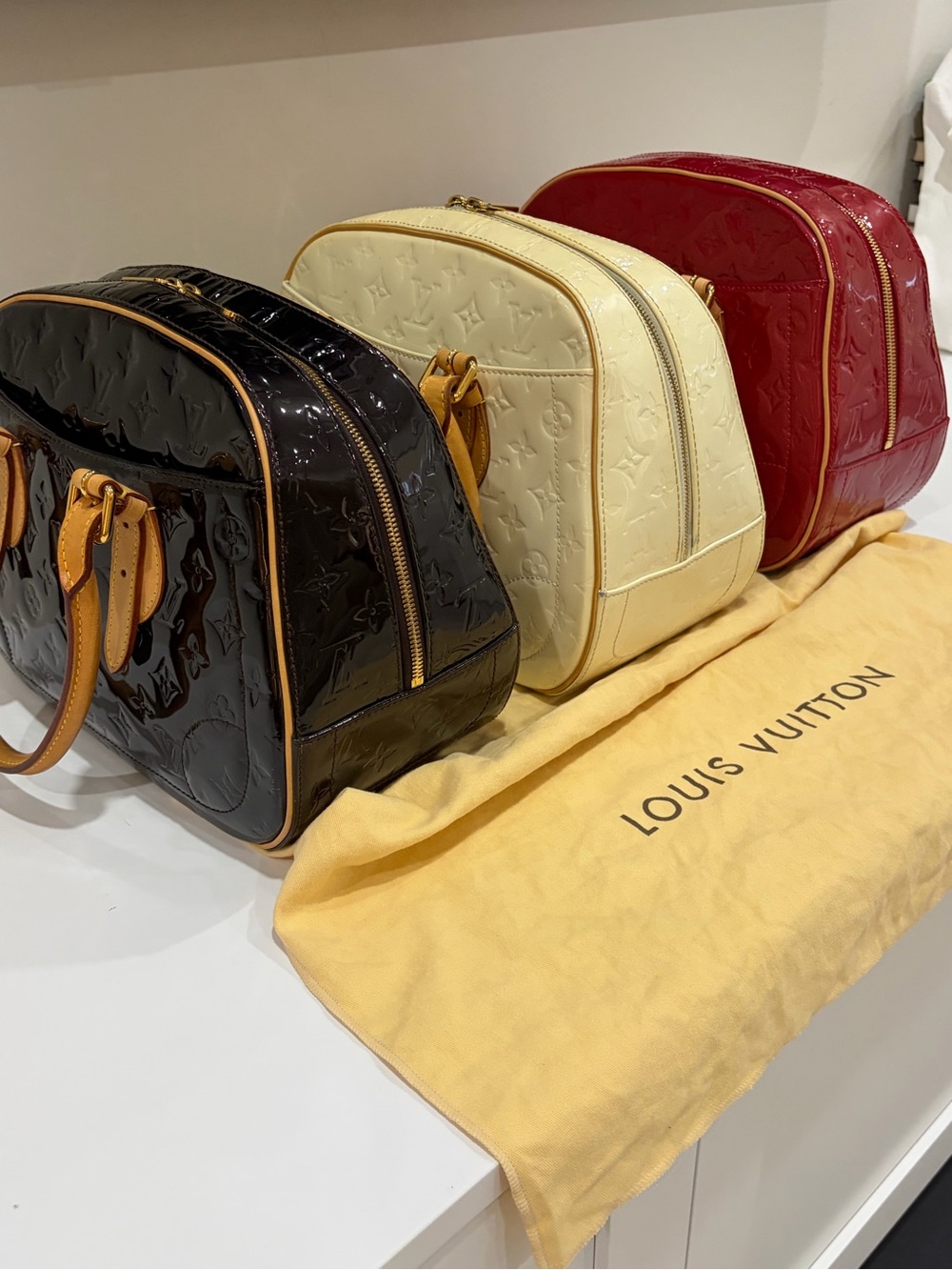 Louis Vuitton Vernis Dome Shoulder Bag Trio in Black, Cream & Red 3 for $1500